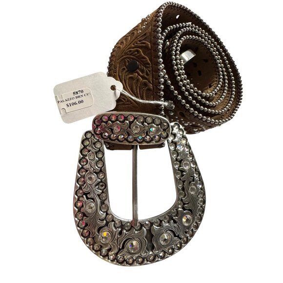 Justin Western Style Leather Belt With Silver Rhinestone Buckle & Floral Cutouts - Picture 3 of 10